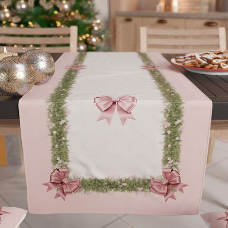 Chemin de Table de Noël 140x40 cm en Microfibre Anallergique, Élégant et Lavable, Décoration Festive pour Salon et Cuisine, Motif 'Noeud Rose'