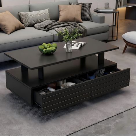 Table basse en acrylique noir avec LED, rectangulaire 100 cm, 2 tiroirs et étagère (1/5)