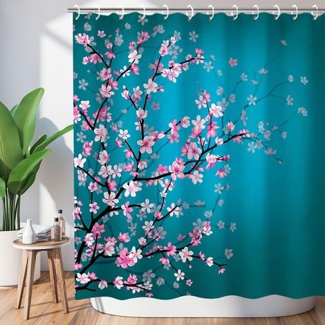 Duschvorhang mit japanischem Kirschblütenmuster und 12 Haken – Türkis und Rosa – 183 x 183 cm (B x H)