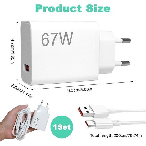 Chargeur USB C pour Xiaomi 67 W avec câble Type-C de 2 m pour Xiaomi Civi 4 Pro/Civi 3 /Civi 2/Mix Fold 4/Mix Fold 3/Mix Flip/Mix Flip 2, Red-mi Note 13 Pro/K60/K60E (1/5)