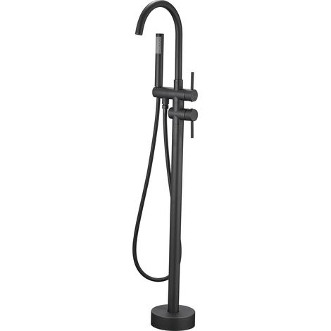 Saniverre – Mitigeur sur pied bain chrome noir – Corps laiton – Poignée alliage zinc – 2 cartouches indépendantes – Hauteur 112 cm – Flexible 143 cm
