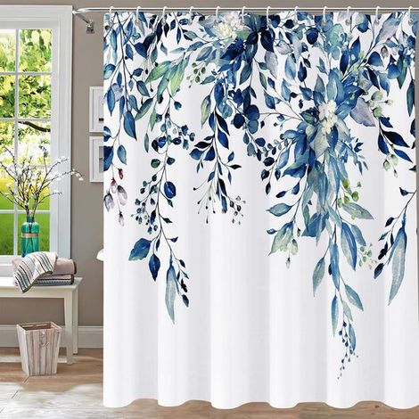 Cortina de ducha de eucalipto azul para baño - Diseño de hojas en acuarela impermeable con ganchos (183 x 182 cm) (1/5)