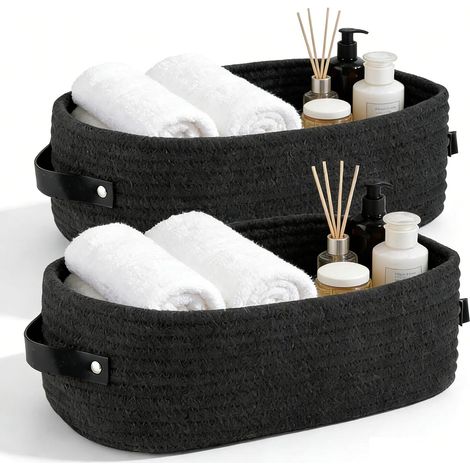 2 Pieces Basket of Storage, Rope in Cotton Basket Braided, 33 x 15 x 10 cm Box Storage Bathroom, Baskets in Rope of Cotton Multifunction Black, for Room Bath, Bedroom, Room (1/5)