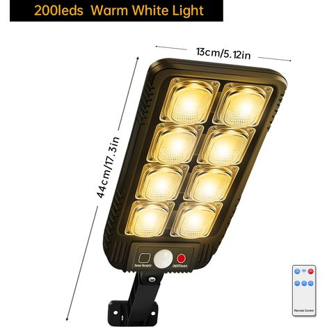(1 lampe solaire - 200 LED blanc chaud) Lampadaire solaire étanche IP65, applique murale solaire extérieure avec détecteur de mouvement et télécommande, compatible avec jardin et cour. (1/5)