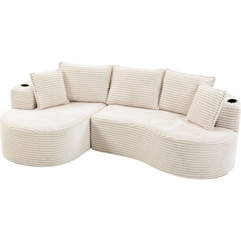 Canapé incurvé en velours côtelé avec porte-gobelets et poche de rangement – mousse haute densité, 250x152x82 cm, couleur bordeaux (1/5)