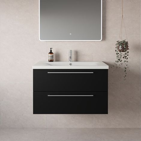 Napoli 460 Matt Black 800mm Wall Mounted 2 Drawer Vanity Unit with Glide Basin - 800mm - Chrome 480mm Handle