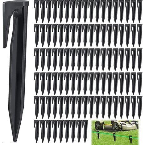 100 Pièces Piquet Fil Robot Tondeuse, 8.5cm Piquets Terre Fixation Plastique Robuste, Accessoires Tondeuses pour Câbles Périphériques, Crochet Délimitation Gazon, Piles Plancher Universelle (Noir) (1/5)
