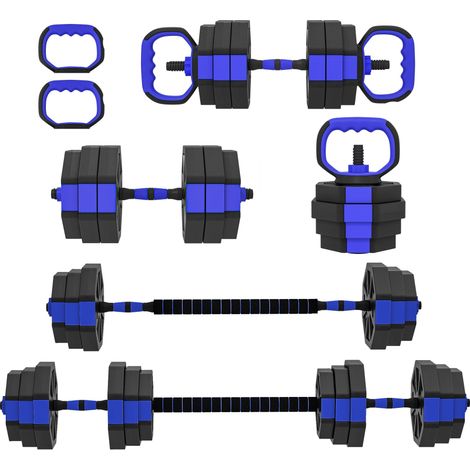Ensemble de poids de musculation 6 en 1 en plastique et sable : kettlebell, haltère, barre d'haltères, support, bleu (1/5)