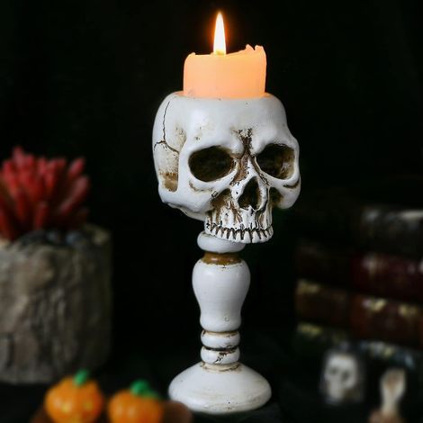 BEBUSINGOTO Candelabro de calavera - Candelabro de mesa con forma de calavera espeluznante retro para escritorio, taza de té, decoración horrible para el hogar, oficina, bar, fiesta, cementerio (1/5)