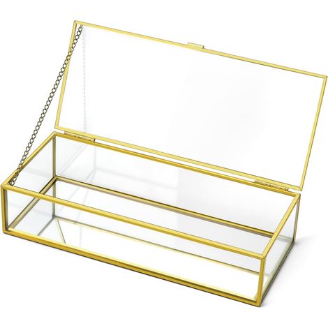 Portagioie rettangolare trasparente con dettagli dorati vintage, dimensioni 23,5 x 10 x 5,3 cm, pensato per riporre gioielli.