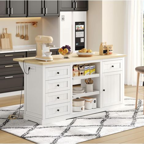 Isola cucina 150x65x75.5 cm bianco e naturale in MDF con piano pieghevole e prese integrate (1/5)