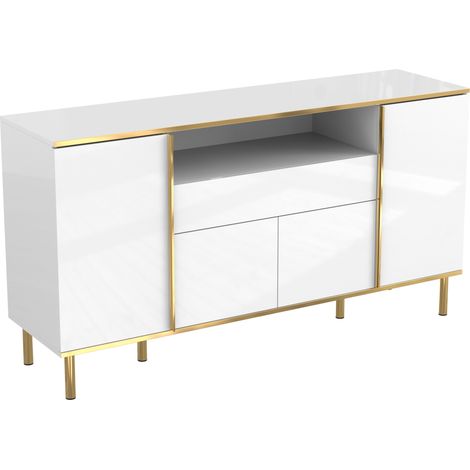 Aparador alto blanco brillo 150 x 40 x 80 cm, 4 puertas, 1 cajón, LED y acabado dorado (1/5)
