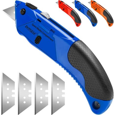 Cutter-Messer Profi mit 4 Klingen, Teppichmesser, Kartonmesser, Blau Paketmesser mit Gummigriff und Klingenfach