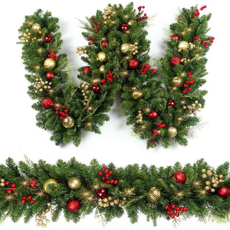 Guirlande De Noël - Guirlande Artificielle Avec Leds - Boules Dorées Et Rouges - 1,8 M - Pour Cheminée, Escalier, Intérieur Et Extérieur - 1 Pièce (1/5)