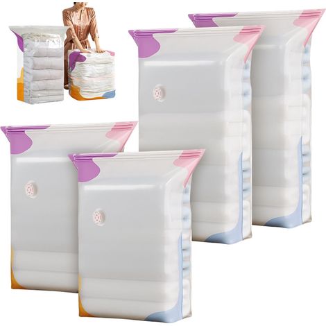Lot de 4 sacs sous vide sans pompe L + XL - Pour vêtements - Peu encombrant - Sacs de compression sous vide - Sans pompe - Sacs de rangement sous vide s pour vêtements, couvertures (1/5)