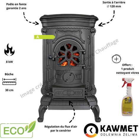 Poêle à bois en fonte 8 kW – Rendement 78.1% – Longueur de bûches 30 cm – Évacuation fumées 120 mm – Pour espaces jusqu'à 80 m²