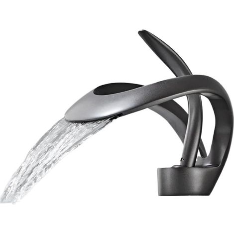 Robinet de cuisine Robinet de lavabo créatif de style cascade à trou, robinet de lavabo d'armoire de salle de bain chaude et froide, robinet de ménage entièrement en cuivre(Gun ash) (1/5)