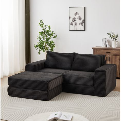 Lit banquette convertible modulable en corduroy noir, avec accoudoirs carrés et repose-pieds amovible (1/5)