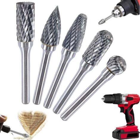 Un ensemble de 5 fraises rotatives à double coupe en carbure de tungstène, tige de 6 mm, tête de 10 mm, adaptées au travail du bois, à la sculpture, au meulage et à la gravure. (1/5)