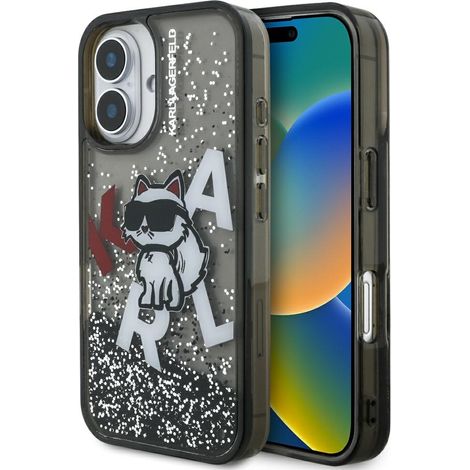 Custodia per iPhone 16 nera con logo Karl Lagerfeld Liquid Glitter Choupette. (1/5)