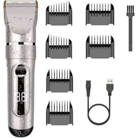 Tondeuse Cheveux Professionnelle IPX7 Tondeuse à Cheveux LCD de Lame Céramique avec Peigne de Réglage Motorisé 3/6/9/12 mm Imperméable Rechargeable pour Domicile ou Coiffeur(Argent) (1/4)