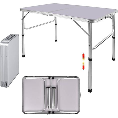 90CM Portable Aluminum Folding Table Party Garden BBQ Camping Table, 2 Gear Adjustable Height Lightweight Aluminum Foldable Table for Outdoor Picnic Cooking, White, Unfolding Size: 90x67/37CM (1/5)