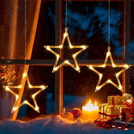 3-Sterne-Lichtervorhang, 30 LEDs, warmweiß, batteriebetrieben, Weihnachtslicht-Stern, 8 Modi, Innen-/Außen-Weihnachtsbeleuchtung, Dekoration zum Aufhängen, dekoratives Licht für Fenster, Fensterglas (1/5)
