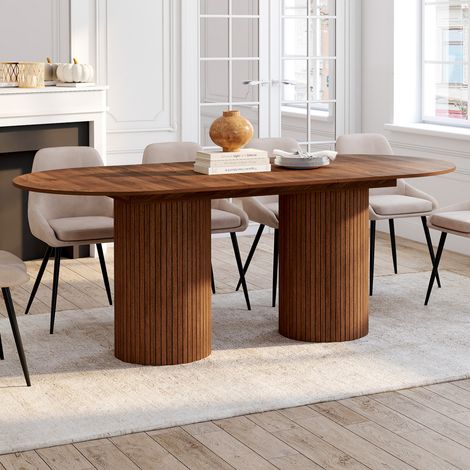 JULIETTE mesa de comedor extensible ovalada 6-10 personas patas cilíndricas listones de madera color nogal 160-200 cm (1/5)