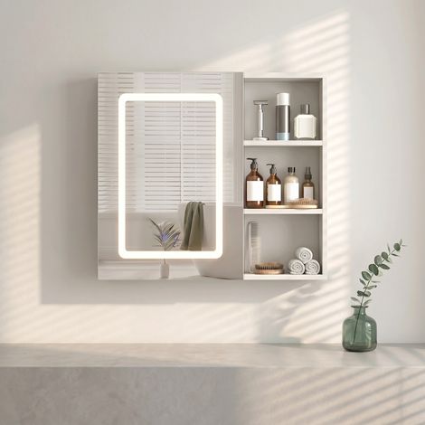 Armoire Miroir Salle de Bain avec Fonction Désembuage, Étagères Réglables, Espace de rangement ouvert et caché, pour Cosmétiques et Produits de Toilette (1/5)