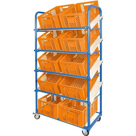 BRB Schrägboden-Regalwagen mit 5 Ebenen, bestückt mit 10 Euroboxen durchbrochen 600x400x240 mm orange
