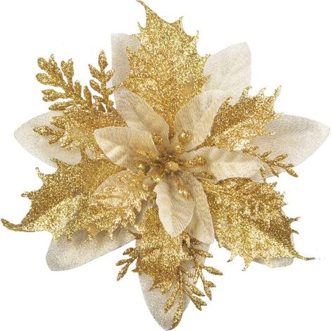 Juego de 12 flores navideñas con purpurina (15 cm) con 12 poinsettias artificiales para árbol de Navidad (dorado) (1/5)