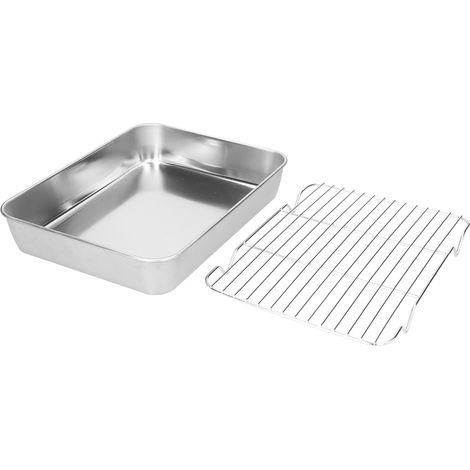 Plat de Rôti en Acier Inoxydable avec Grille, Facile à Nettoyer, 23.5x17.5x5cm, Idéal pour Cuisson et Pâtisserie