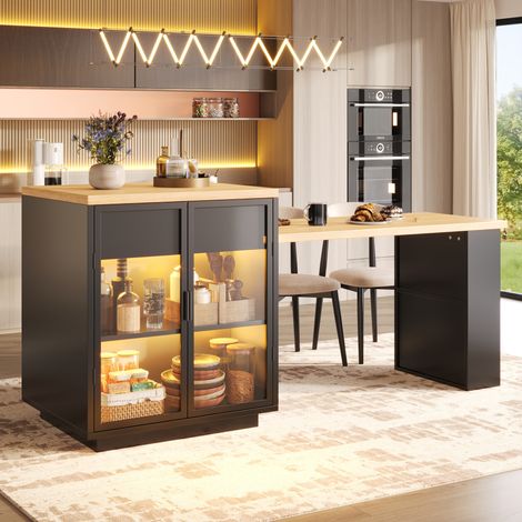 MODFU – Tavolo allungabile 122-194,5x70x94 cm in MDF/metallo con LED tramite app, USB, vani contenitore e carico 60 kg – Nero (1/5)