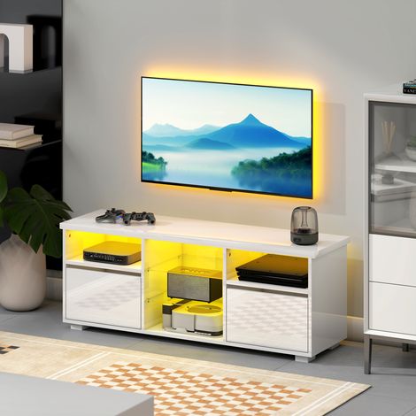 Mobile porta TV da 120 cm, adatto a televisori fino a 55 pollici, con illuminazione a LED e telecomando, ripiani in vetro bianco.