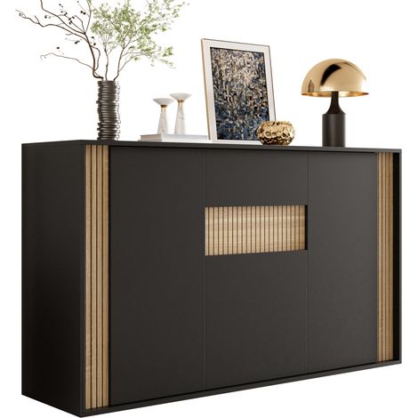 CHICFURN Aparador 140 x 40 x 82 cm de aglomerado negro y efecto madera, 3 puertas, 1 cajón LED (1/5)