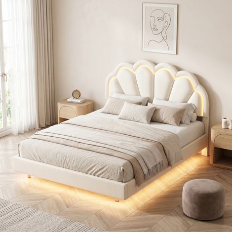 Cadre de lit 140x190 - Lit adulte 2 Personnes - Lit flottant avec LED - sommier lattes inclus - Velours beige