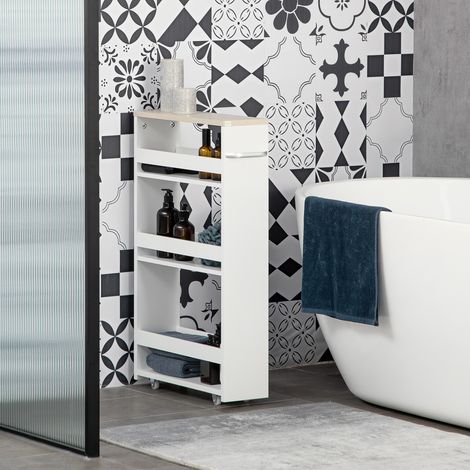 Chariot de rangement à 3 niveaux chariot de stockage étagère sur roulettes pour cuisine étroite salle de bain buanderie bureau avec poignée - 48 x 15 x 80 cm blanc
