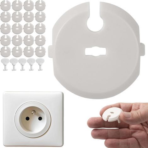 20 x Caches adhésifs blancs pour prises électriques, adaptés aux prises de type E, sécurité enfant, protection contre l'insertion des doigts, cache-prise avec clés, sécurité bébé, prises électriques s (1/5)