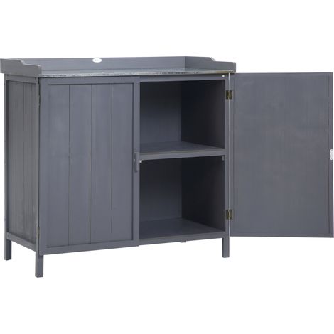 Wood Garden Storage Cabinet, Outdoor Tool Shed, Potting Bench Table with Galvanized Top Two Shelves for Yard Tools or Pool Accessories, Grey (1/5)