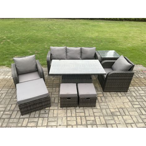 Fimous Outdoor Rattan Furniture Sofa Garden Dining Sets Height Adjustable Rising lifting Table and Chair Set With  Side Table 3 Footstools