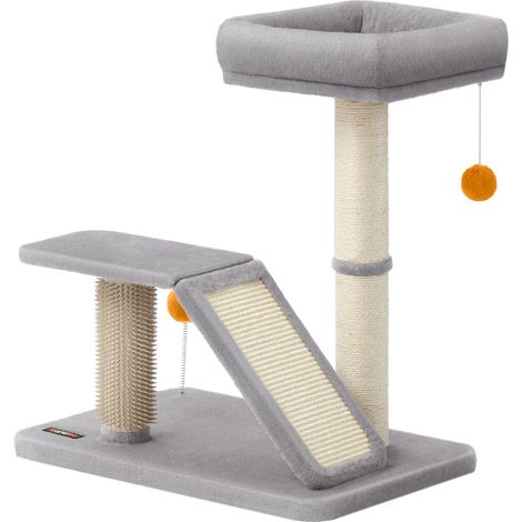 Feandrea Griffoir pour Chat avec Lit, Griffoir Multifonctionnel avec Rampe de Grattage Pivotante, Perchoir, Toilettage Autonome, Pompons, Petit Arbre à Chat pour Chat d’Intérieur, Gris Clair (1/5)