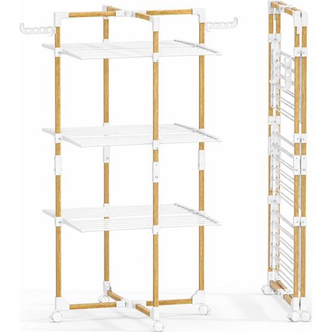 Séchoir à Linge Tour Pliable à 3 Niveaux 25m de Séchage Etendoir Linge Grande Capacité avec 4 roulettes 2 Ailes Latérales pour Usage Intérieur et Extérieur Blanc (1/5)