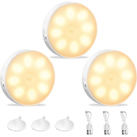 Veilleuse LED Automatique USB Rechargeable, Veilleuse Induction 8LEDs &Batterie 400mAh, Lampe Détecteur de Mouvement, Lampe Adhésive LED avec Base Magnétique Jaune Chaud - 3pcs (1/5)