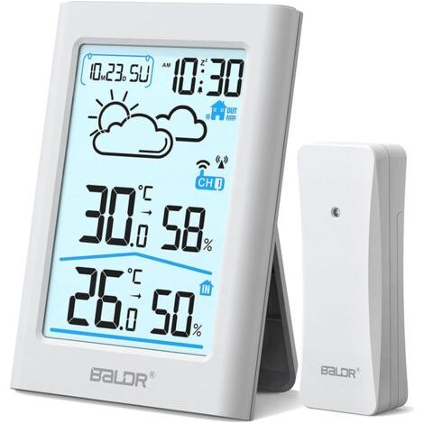 Station météo sans fil avec capteur extérieur, horloge radio numérique DCF, thermomètre hygromètre d'intérieur et extérieur, pour prévisions météorologiques, écran de 3,7'', crème (1/5)