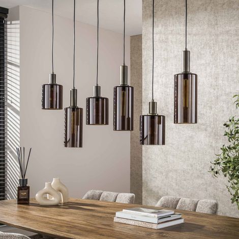 M&S – Suspension cylindre 6 lampes 118x150 cm en verre bronze – Abat-jours réglables en hauteur – Éclairage doux et chaleureux – Ampoule E27 recommandée