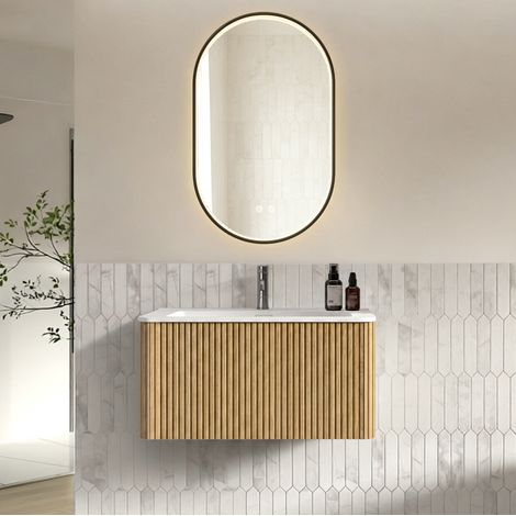 Set mobile bagno sospeso 80 cm con lavabo integrato e specchio LED 50 x 80 cm color rovere OKWISH (1/5)