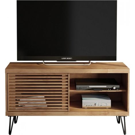 Beaux Meubles Pas Chers – Meuble TV 120 cm pour téléviseurs jusqu'à 50 pouces – 1 porte coulissante persienne – 3 niches – Finition chêne moderne (1/5)