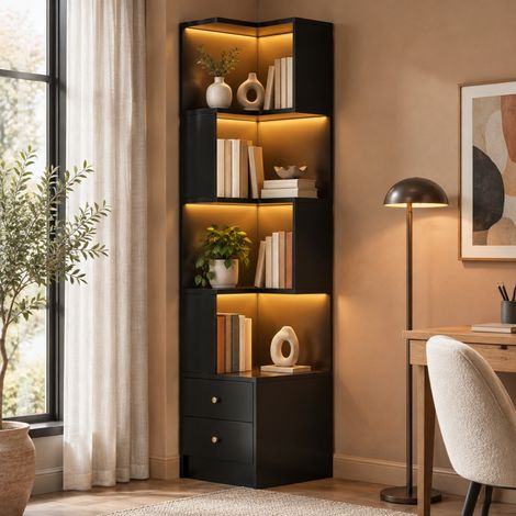 Libreria angolare a L in MDF 45 x 43,5 x 180 cm con LED controllato tramite app, nera HAVRYA (1/5)