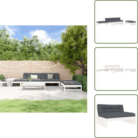 5-tlg. Garten-Lounge-Set mit Kissen Weiß Massivholz - Gartensofa - Loungesessel - Gartenmöbeln - Rattan Möbel - Holz Gartenmöbel