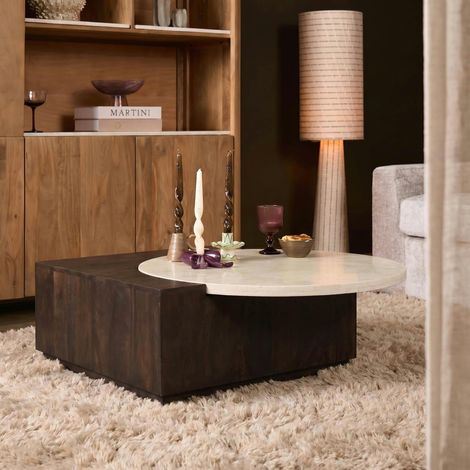 Table basse design travertin et bois de manguier 103 cm DUOMO (1/5)